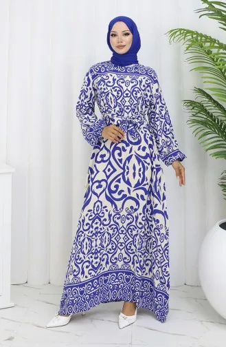 Desenli Kuşaklı Elbise 2091-02 Beyaz Lacivert