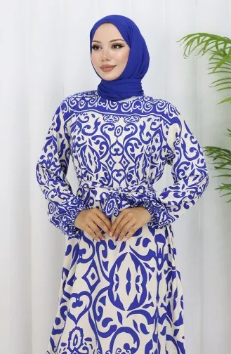 Desenli Kuşaklı Elbise 2091-02 Beyaz Lacivert
