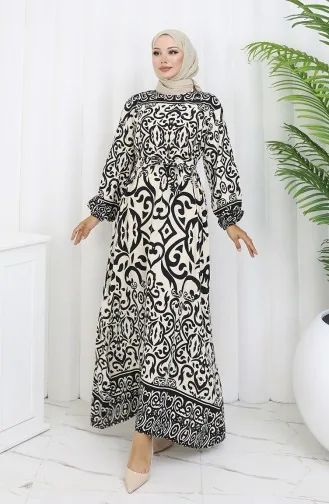 Gestreepte Jurk Met Riem 2091-03 Zwart En Wit 2091-03