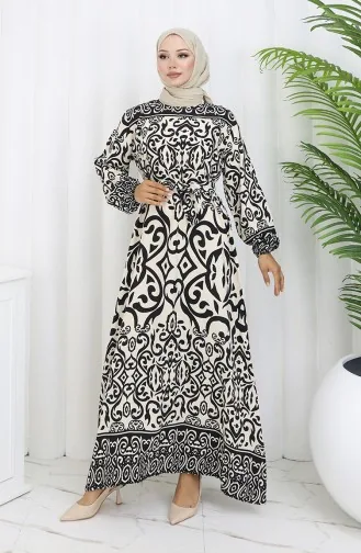 Gestreepte Jurk Met Riem 2091-03 Zwart En Wit 2091-03