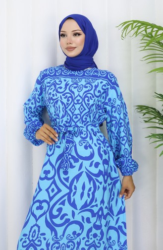 Desenli Kuşaklı Elbise 2091-04 Mint Mavi Saks