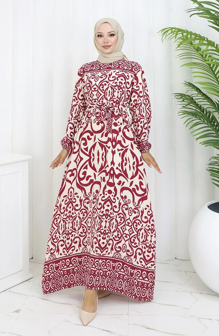 Robe Ceinturée à Motifs 2091-05 Bordeaux Beige 2091-05