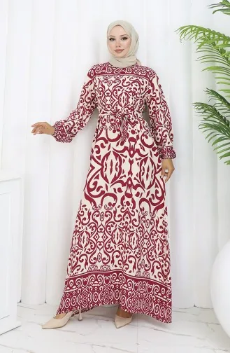 Robe Ceinturée à Motifs 2091-05 Bordeaux Beige 2091-05