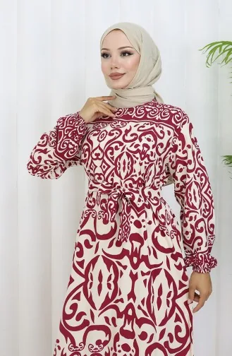 Robe Ceinturée à Motifs 2091-05 Bordeaux Beige 2091-05