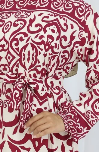 Robe Ceinturée à Motifs 2091-05 Bordeaux Beige 2091-05