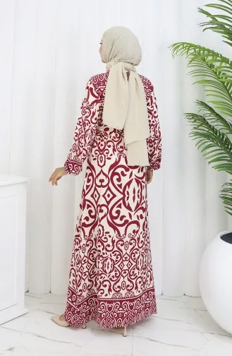 Robe Ceinturée à Motifs 2091-05 Bordeaux Beige 2091-05