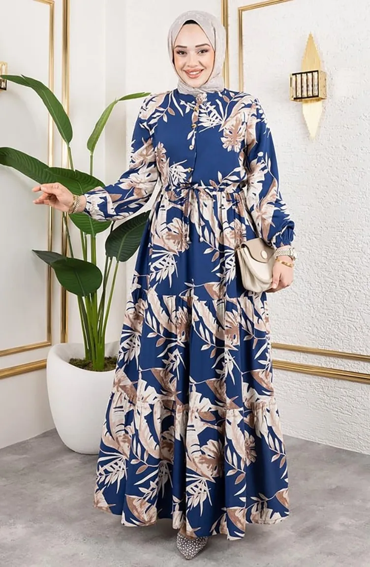 Robe En Viscose à Taille Tunnel 7119-04 Pétrole 7119-04