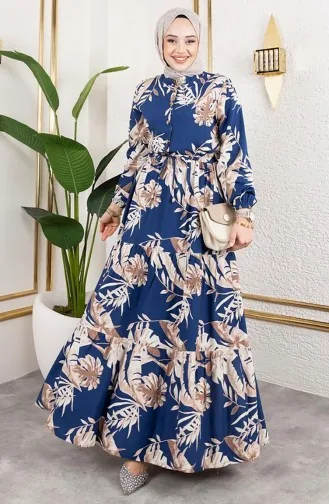 Robe En Viscose à Taille Tunnel 7119-04 Pétrole 7119-04