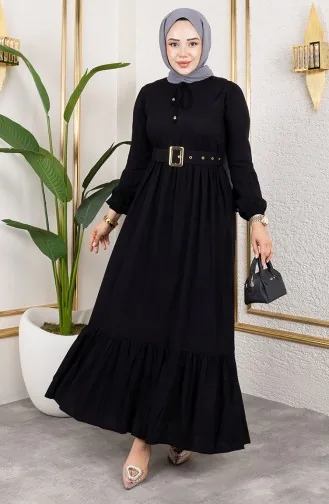 فستان حجاب بتفاصيل حزام 0220-04 أسود 0220-04