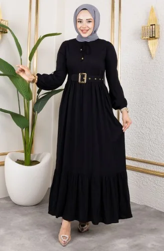 فستان حجاب بتفاصيل حزام 0220-04 أسود 0220-04