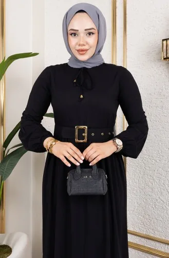 فستان حجاب بتفاصيل حزام 0220-04 أسود 0220-04