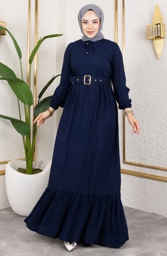 Belt Detailed Hijab Dress 0220-06 Navy Blue 0220-06
