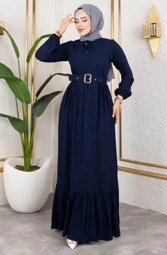 Belt Detailed Hijab Dress 0220-06 Navy Blue 0220-06