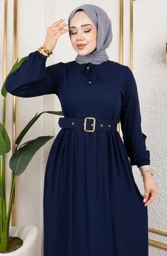Belt Detailed Hijab Dress 0220-06 Navy Blue 0220-06