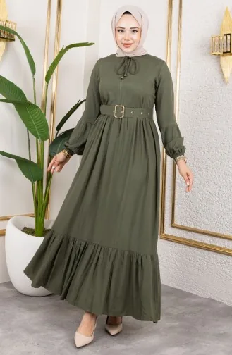 Belt Detailed Hijab Dress 0220-07 Khaki Green 0220-07