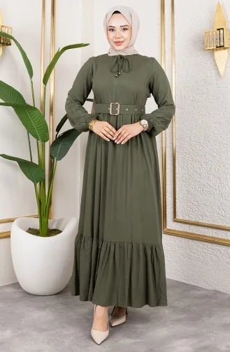 Belt Detailed Hijab Dress 0220-07 Khaki Green 0220-07
