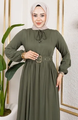 Belt Detailed Hijab Dress 0220-07 Khaki Green 0220-07