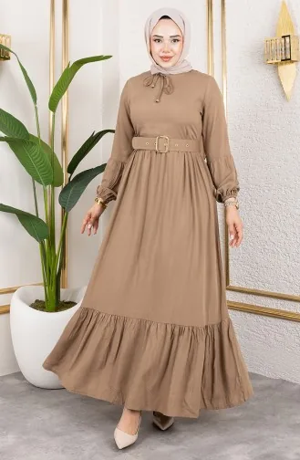 فستان حجاب بتفاصيل حزام 0220-08 من المنك 0220-08