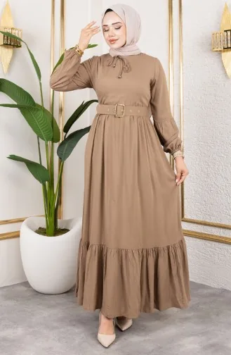 فستان حجاب بتفاصيل حزام 0220-08 من المنك 0220-08
