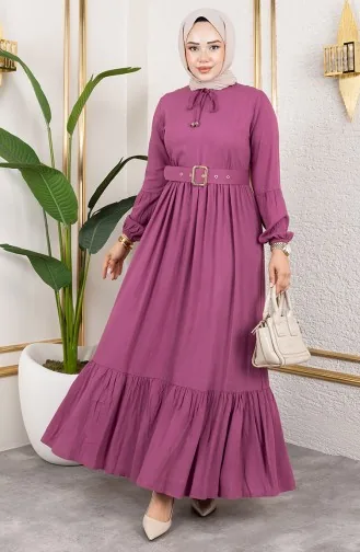 Belt Detailed Hijab Dress 0220-09 Powder 0220-09