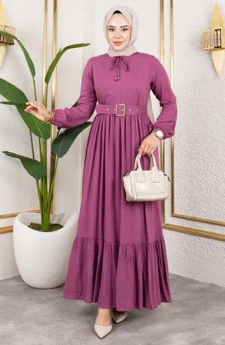 Belt Detailed Hijab Dress 0220-09 Powder 0220-09