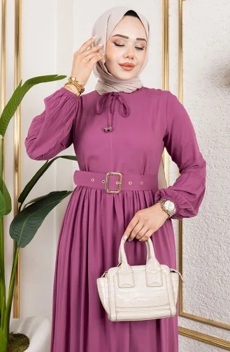 Belt Detailed Hijab Dress 0220-09 Powder 0220-09