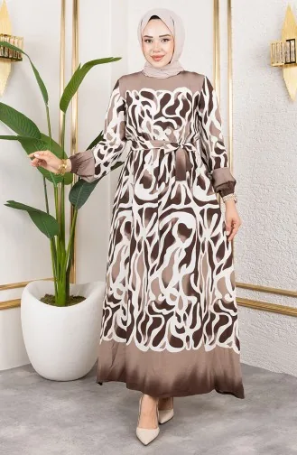 Elastic Waist Patterned Dress 7127-01 Brown 7127-01
