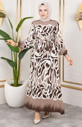 Elastic Waist Patterned Dress 7127-01 Brown 7127-01