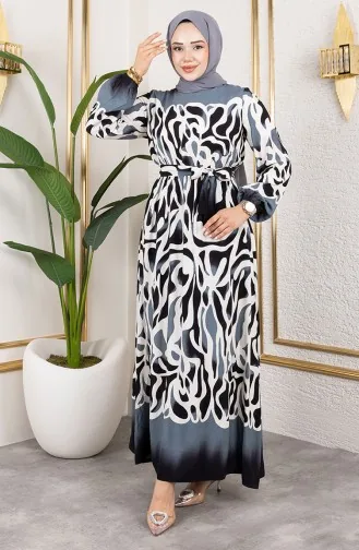 Gemustertes Kleid Mit Elastischer Taille 7127-03 Schwarz 7127-03