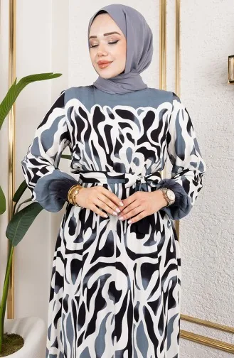 Gemustertes Kleid Mit Elastischer Taille 7127-03 Schwarz 7127-03