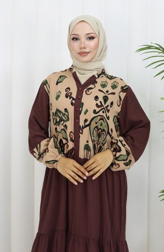 Farbali Garnili Viskon Elbise 994587A-03 Kahverengi Haki
