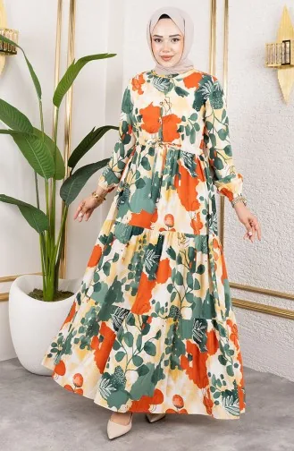 فستان من قماش الفيسكوز بخصر مربوط 7124-02 كاكي 7124-02