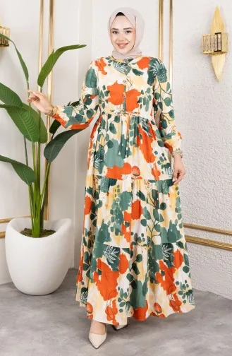 فستان من قماش الفيسكوز بخصر مربوط 7124-02 كاكي 7124-02