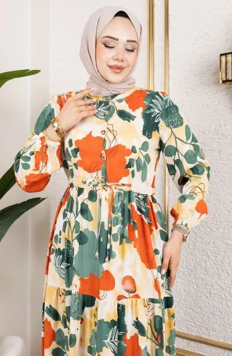 فستان من قماش الفيسكوز بخصر مربوط 7124-02 كاكي 7124-02