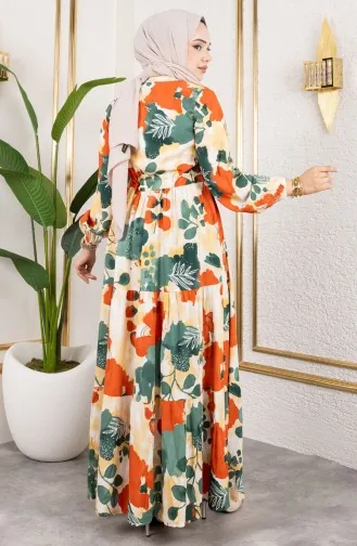 فستان من قماش الفيسكوز بخصر مربوط 7124-02 كاكي 7124-02