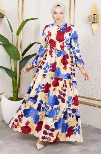 فستان من قماش الفيسكوز بخصر مربوط 7124-04 نيلي 7124-04