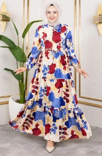 فستان من قماش الفيسكوز بخصر مربوط 7124-04 نيلي 7124-04