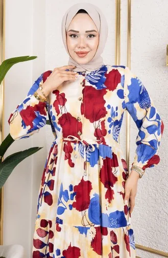 فستان من قماش الفيسكوز بخصر مربوط 7124-04 نيلي 7124-04