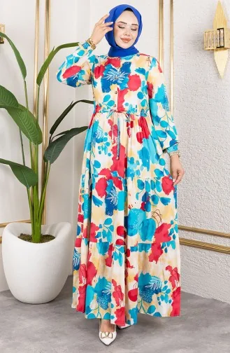 فستان من قماش الفيسكوز بخصر مربوط 7124-05 فيروزي 7124-05