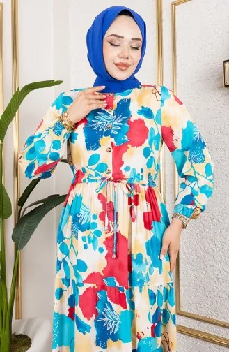 فستان من قماش الفيسكوز بخصر مربوط 7124-05 فيروزي 7124-05
