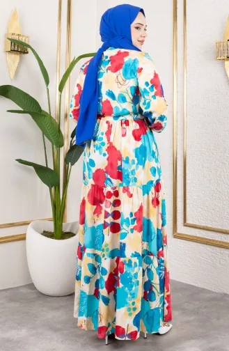 فستان من قماش الفيسكوز بخصر مربوط 7124-05 فيروزي 7124-05