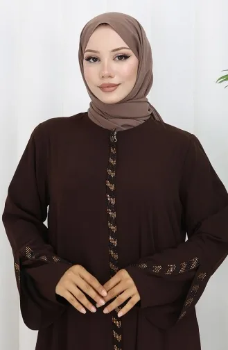Abaya Rayée Grande Taille 5053-08 Marron 5053-08