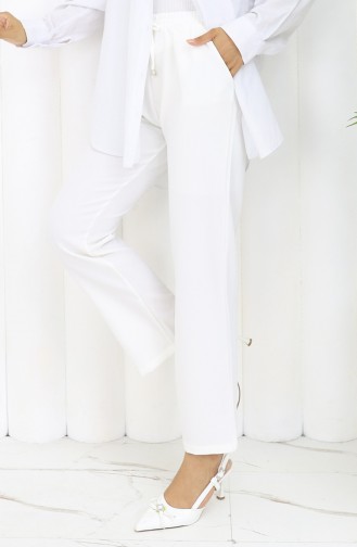 Beli Lastikli Cepli Pantolon 0118-03 Beyaz