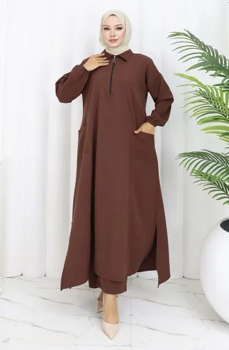 Doppelgewebe Lange Tunika Hose Zweiteiliger Anzug 0034-08 Hellbraun 0034-08