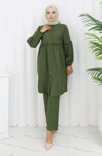 Gathered Buttoned Tunic Trousers Two Piece Suit 0115-01 Khaki 0115-01