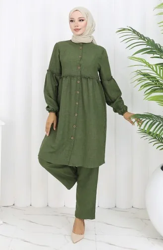 Gathered Buttoned Tunic Trousers Two Piece Suit 0115-01 Khaki 0115-01