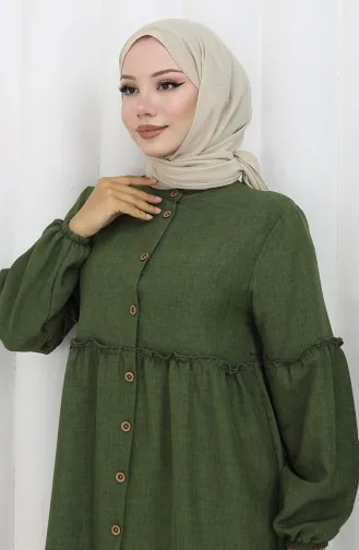 Gathered Buttoned Tunic Trousers Two Piece Suit 0115-01 Khaki 0115-01