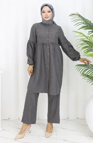 Ensemble Deux Pièces Tunique Et Pantalon Boutonnés Froncés 0115-02 Anthracite 0115-02