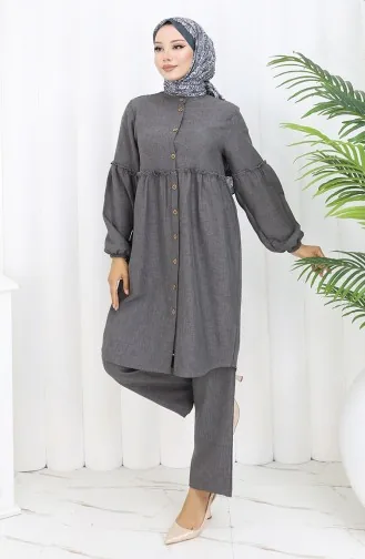 Ensemble Deux Pièces Tunique Et Pantalon Boutonnés Froncés 0115-02 Anthracite 0115-02