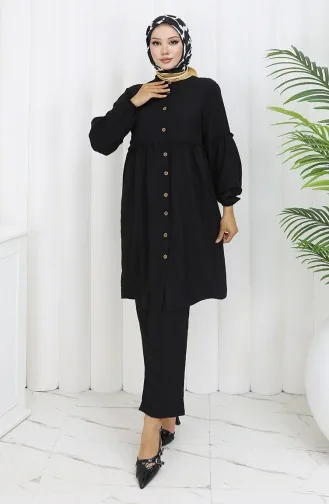Gathered Buttoned Tunic Trousers Two Piece Suit 0115-03 Black 0115-03